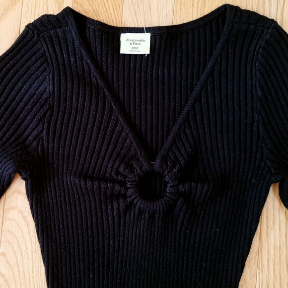 NWT Abercrombie Sweater Dress Black Ribbed Knit Midi V Neck Bodycon Midi XXSP - Picture 5 of 7